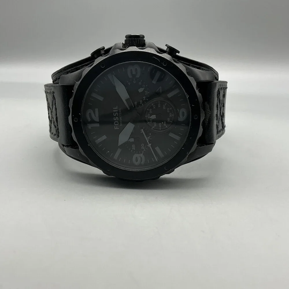 Fossil Nate JR1510 Mens Watch 46mm Black Leather Chronograph New Battery